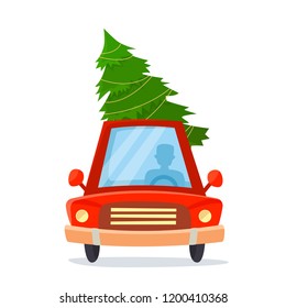 Car with driver and christmas tree. Flat cartoon style vector illustration.