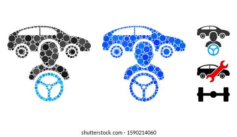 Car driver composition of small circles in various sizes and shades, based on car driver icon. Vector small circles are composed into blue mosaic. Dotted car driver icon in usual and blue versions.