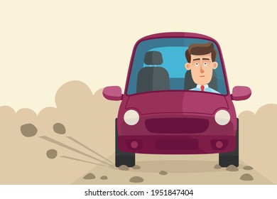 A car with a driver is driving on the dirty road, stones are flying from under the wheels. Dangerous road. Vector illustration, flat design, cartoon style.