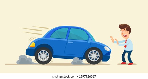 Car driver emergency brakes in front of pedestrian on road. Pedestrian crosses the road in the wrong place. Dangerous situation, traffic violation. Vector illustration, flat cartoon style, isolated.