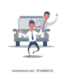 Car driver emergency brakes in front of pedestrian on road. Pedestrian crosses the road in the wrong place. Dangerous situation, traffic violation. Vector illustration, flat cartoon style, isolated.