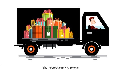 Car with Driver and Gift Boxes Pile. Vector Cargo Vehicle.