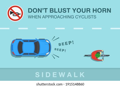 Autofahrer hupt ohne Grund. Draufsicht auf ein Limousine und Radfahrer auf dem Fahrrad. Nicht das Horn erröten, wenn man sich den Radfahrern nähert. Flache Vektorgrafik-Vorlage.