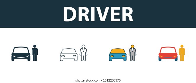 Car Driver icon set. Four elements in diferent styles from transport icons collection. Creative car driver icons filled, outline, colored and flat symbols.