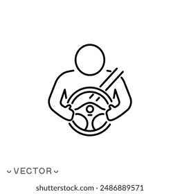 car driver icon, steering wheel, driving person, thin line symbol isolated on white background, editable stroke eps 10 vector illustration