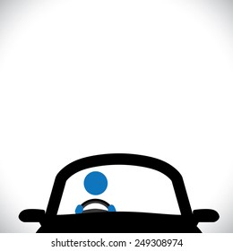 car driver icon or symbol - vector graphic. this graphic shows a steering wheel, a cabbie, part of front of a car with copy space at the top for text