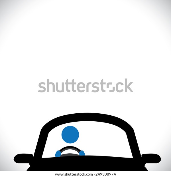 car driver icon or symbol - vector\
graphic. this graphic shows a steering wheel, a cabbie, part of\
front of a car with copy space at the top for\
text