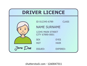 Car driver licence identification. Driving licence plastic card with woman photo. Flat style isolated. Vector illustration.