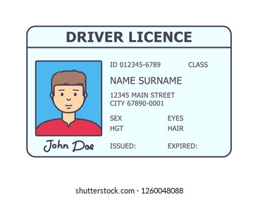 Car driver licence identification. Driving licence plastic card with man photo. Flat style isolated. Vector illustration.
