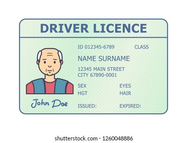 Car driver licence identification. Driving licence plastic card with man photo. Flat style isolated. Vector illustration.