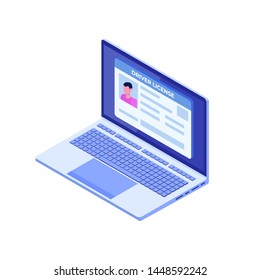 Car driver license, id card in laptop. Vector illustration isometric.