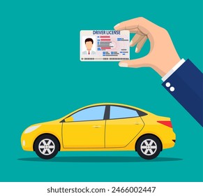 Tarjeta de Identificación de la Licencia del conductor del coche en la mano con la foto. Coche sedán naranja. Documento de identidad del vehículo de Licencia del conductor. Ilustración vectorial en estilo plano