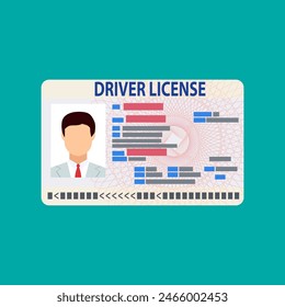 Tarjeta de Identificación de la Licencia del conductor del coche con foto. Documento de identidad del vehículo de Licencia del conductor. Ilustración vectorial en estilo plano