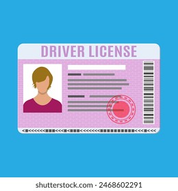 Tarjeta de Identificación de la Licencia del conductor del coche con foto. Documento de Licencia del vehículo del conductor. Sello, código de barras, tarjeta de identificación de plástico. Ilustración vectorial en estilo plano