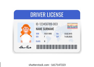 Car driver license identification with female photo. ID card isolated on white background. Vector illustration.