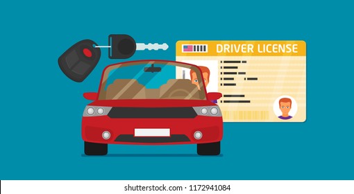 Car driver license identification with photo, keys and car.