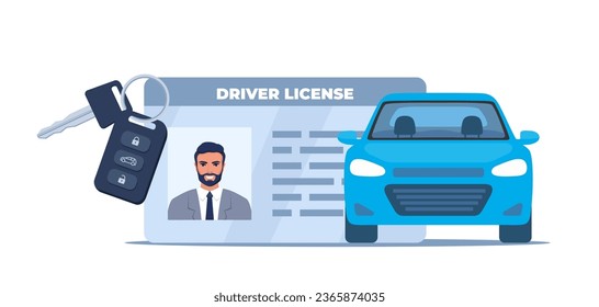 Car driver license identification with photo, keys and car.