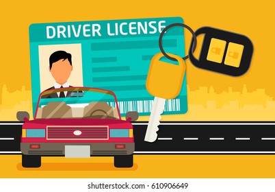 Car driver license identification with photo, keys and car.