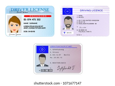 Car driver license with photo vehicle identity banner horizontal concept set. Flat illustration of 3 car driver license with photo vehicle identity vector banner horizontal concepts for web