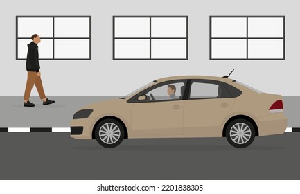 A car with a driver and a male character walking along the sidewalk against the background of a wall with windows