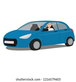 Car driver. Man driving new sedan. Blue car test drive. Eps 10 vector illustration