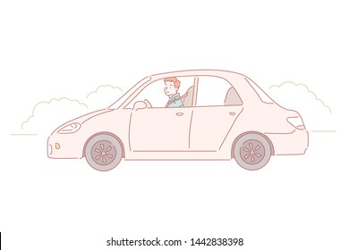 Car with driver man. Hand drawn style vector design illustrations.