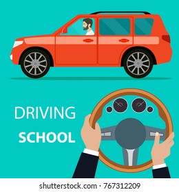 Car with driver man side view. Driving school. Man hands of a driver on steering wheel of a car. Vector flat illustration