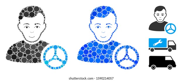 Car driver mosaic of filled circles in different sizes and shades, based on car driver icon. Vector filled circles are grouped into blue mosaic. Dotted car driver icon in usual and blue versions.