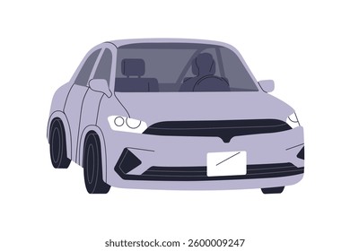 Car and driver, outdoor view. Auto vehicle, road transport with person silhouette driving at steering wheel, windshield, windscreen. Automobile. Flat vector illustration isolated on white background