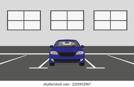 Car with driver in the parking lot near the wall with windows