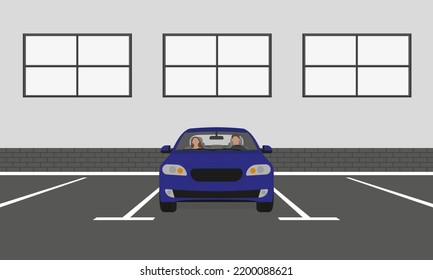 Car with driver and passenger in the parking lot near the wall with windows