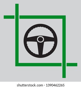 Car driver sign. Black icon inside green crop tool at light gray background