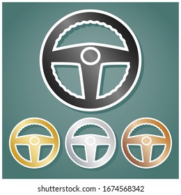 Car driver sign. Set of metallic Icons with gray, gold, silver and bronze gradient with white contour and shadow at viridan background. Illustration.