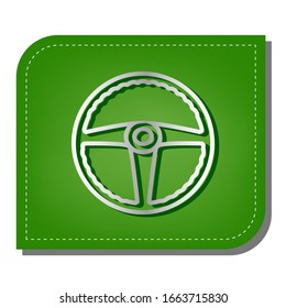 Car driver sign. Silver gradient line icon with dark green shadow at ecological patched green leaf. Illustration.