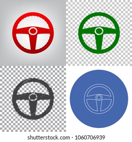 Car driver sign. Vector. 4 styles. Red gradient in radial lighted background, green flat and gray scribble icons on transparent and linear one in blue circle.
