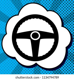 Car driver sign. Vector. Black icon in bubble on blue pop-art background with rays.