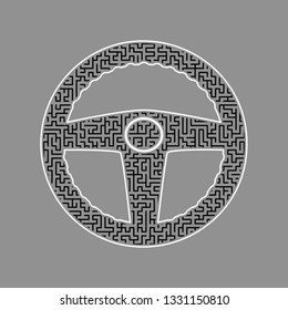 Car driver sign. Vector. Black maze filled icon with white border at gray background.