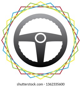 Car driver sign. Vector. Black icon with patch of light inside colorful hexagonal frames at white background.