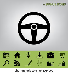 Car driver sign. Vector. Black icon at gray background with bonus icons 
