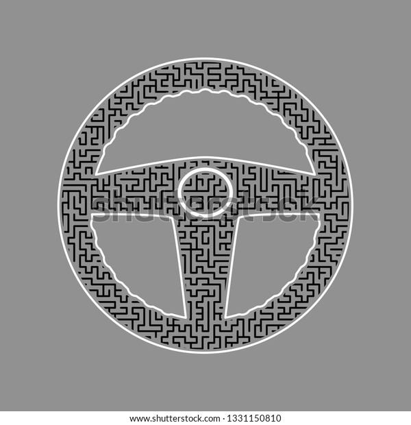 Car driver sign. Vector. Black maze\
filled icon with white border at gray\
background.