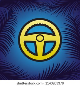 Car driver sign. Vector. Golden icon with black contour at blue background with branches of palm trees.