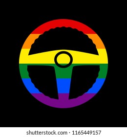 Car driver sign. Vector. Icon with colors of LGBT flag at black background.