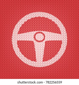 Car driver sign. Vector. Knitted white icon on a red knitted background.