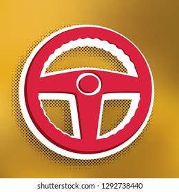 Car driver sign. Vector. Magenta icon with darker shadow, white sticker and black popart shadow on golden background.