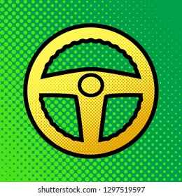 Car driver sign. Vector. Pop art orange to yellow dots-gradient icon with black contour at greenish background.