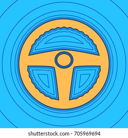 Car driver sign. Vector. Sand color icon with black contour and equidistant blue contours like field at sky blue background. Like waves on map - island in ocean or sea.