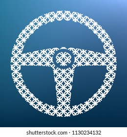 Car driver sign. Vector. White textured icon at lapis lazuli gradient background.