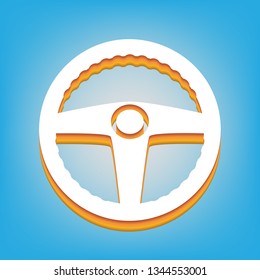 Car driver sign. Vector. White icon with 3d warm-colored gradient body at sky blue background.