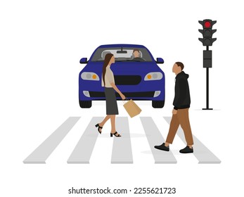A car with a driver stands in front of a traffic light with a red signal while the male character and the female character are walking along a crosswalk on a white background