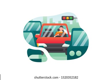 A Car Driver Is Stuck In Traffic Jam On A City Street During Rush Hours. Transportation Illustration Vector